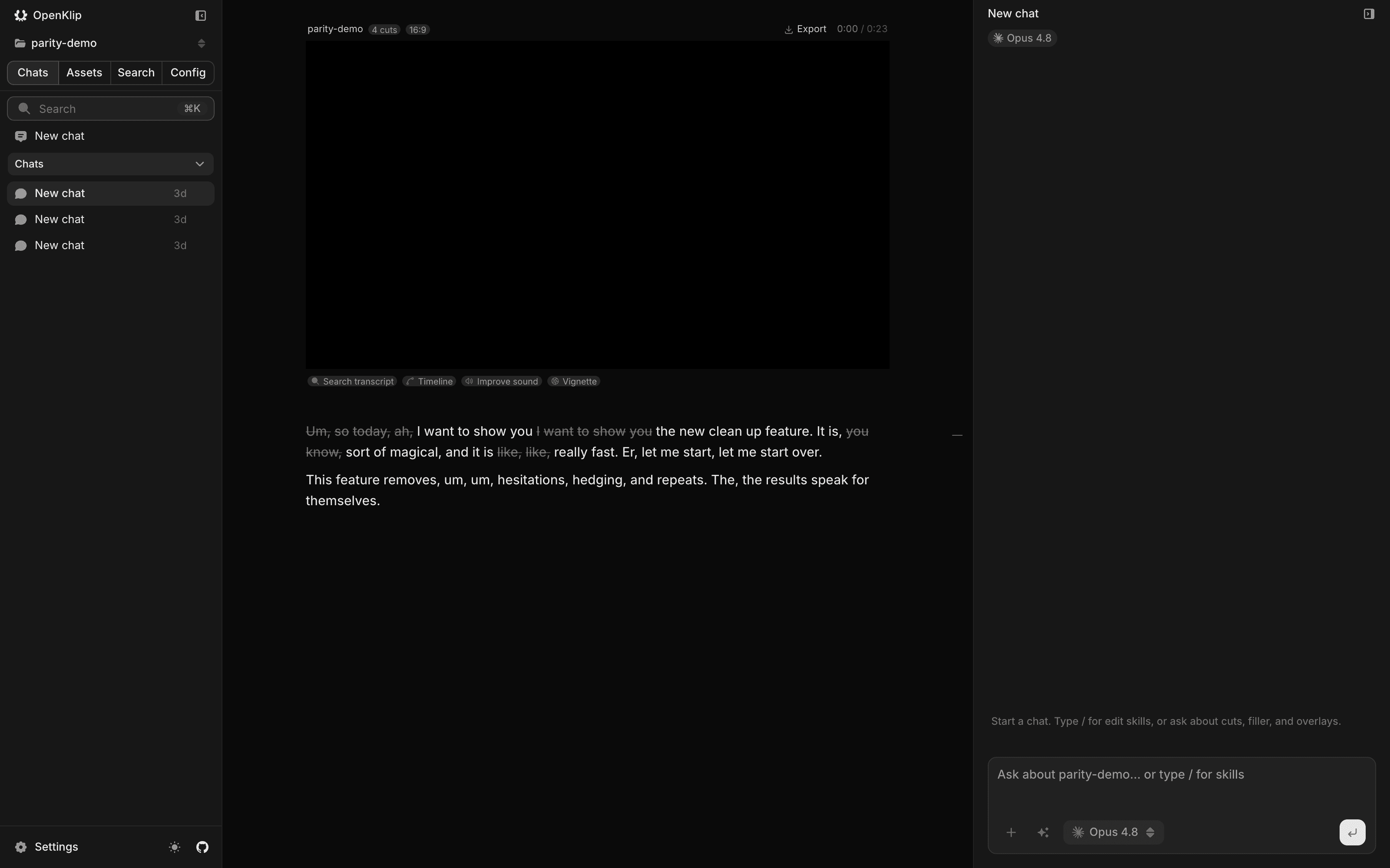 OpenKlip editor: left sidebar with chats, center preview and transcript cuts, right agent chat